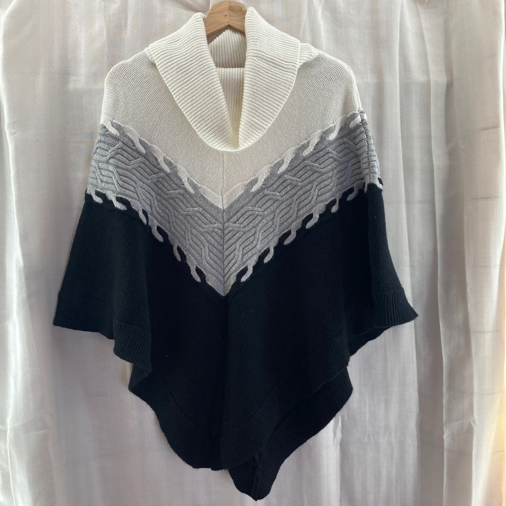 Talbots Womens Poncho Sweater Cowl Neck Black‎ White Gray Knit Size L